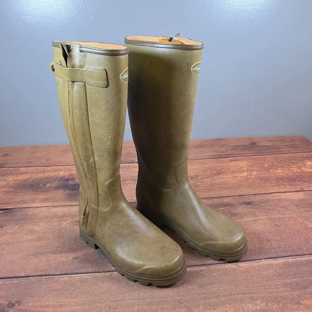 Le Chameau Chasseur Boots Mens 9 Olive Good Leather Lined Zip Rain Bag